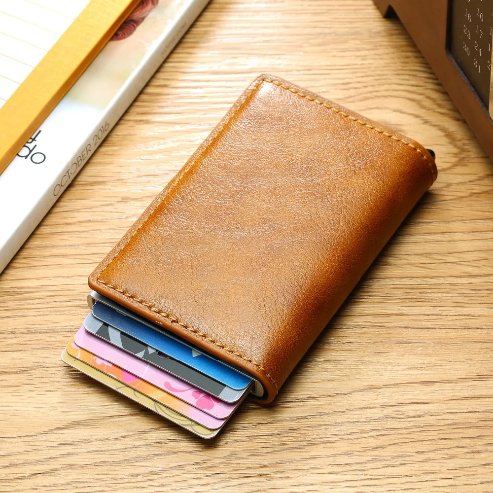 

Men PU Leather Wallet With Back Pocket ID Card Holder RFID Blocking Metal Wallet Automatic Pop up Credit Card Coin Leather Purse