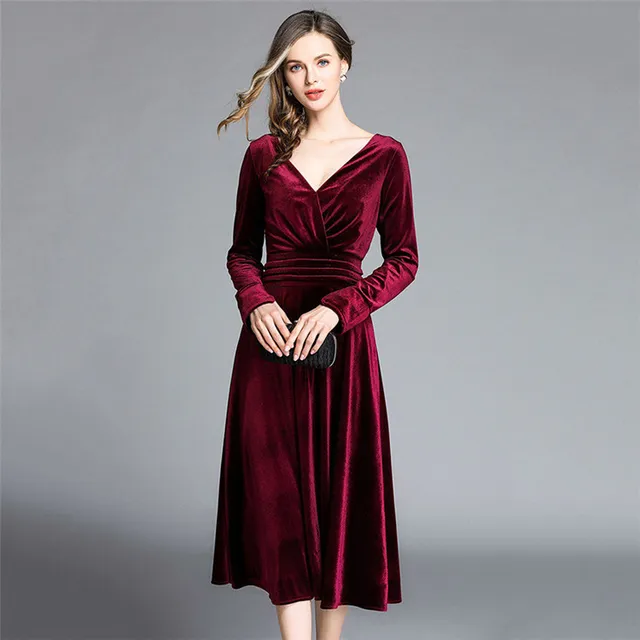 2019 Spring Women Clothes Black Red Velvet Dress Women Long Sleeve ...