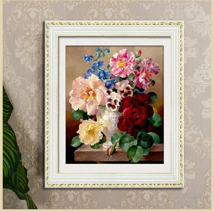 Cross Stitch Kit Needlework DIY Table Vase Rose Peony Flower Printed Pattern Handwork Painting