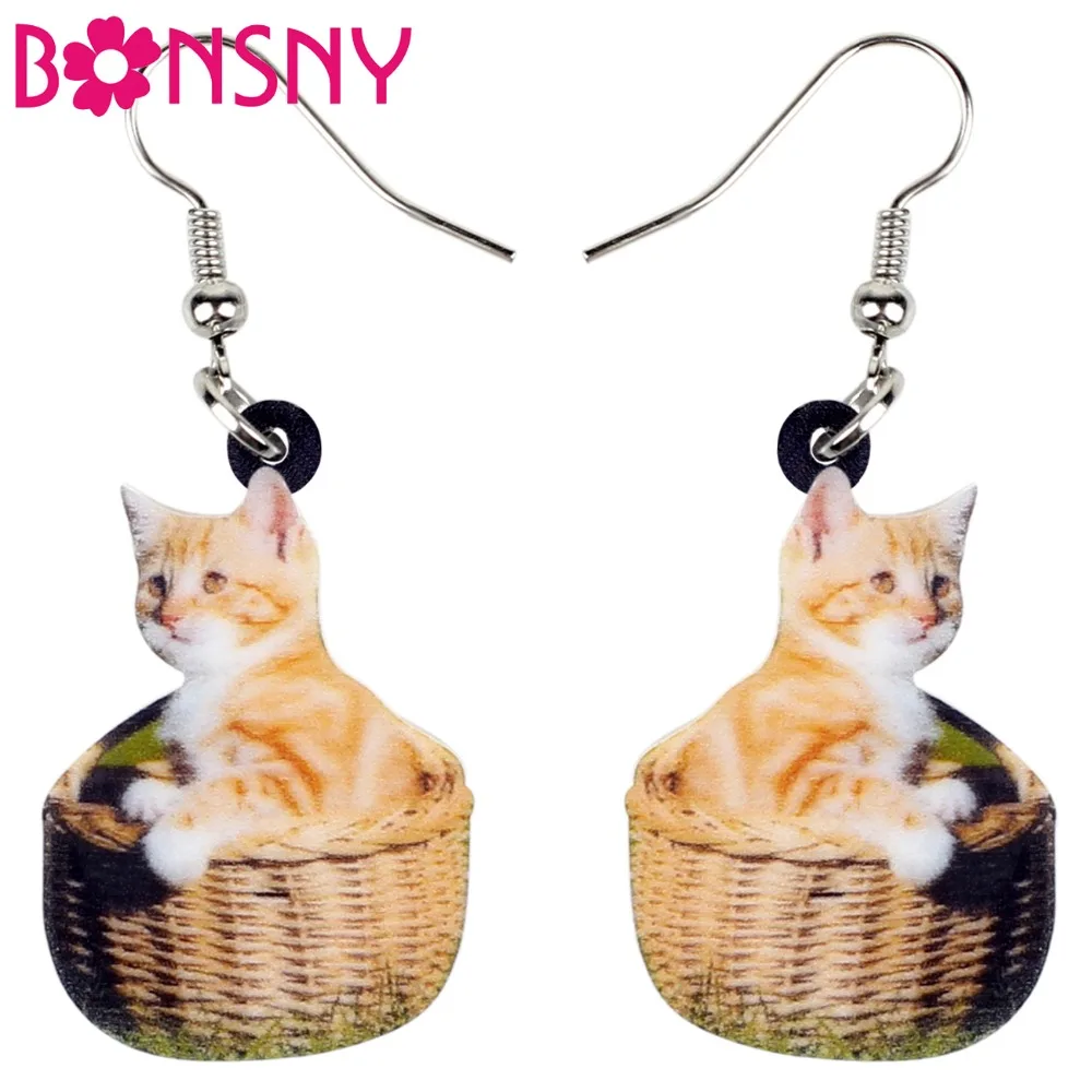 Bonsny акриловые новые серьги в виде корзины оранжевого кота котенка Висячие капли