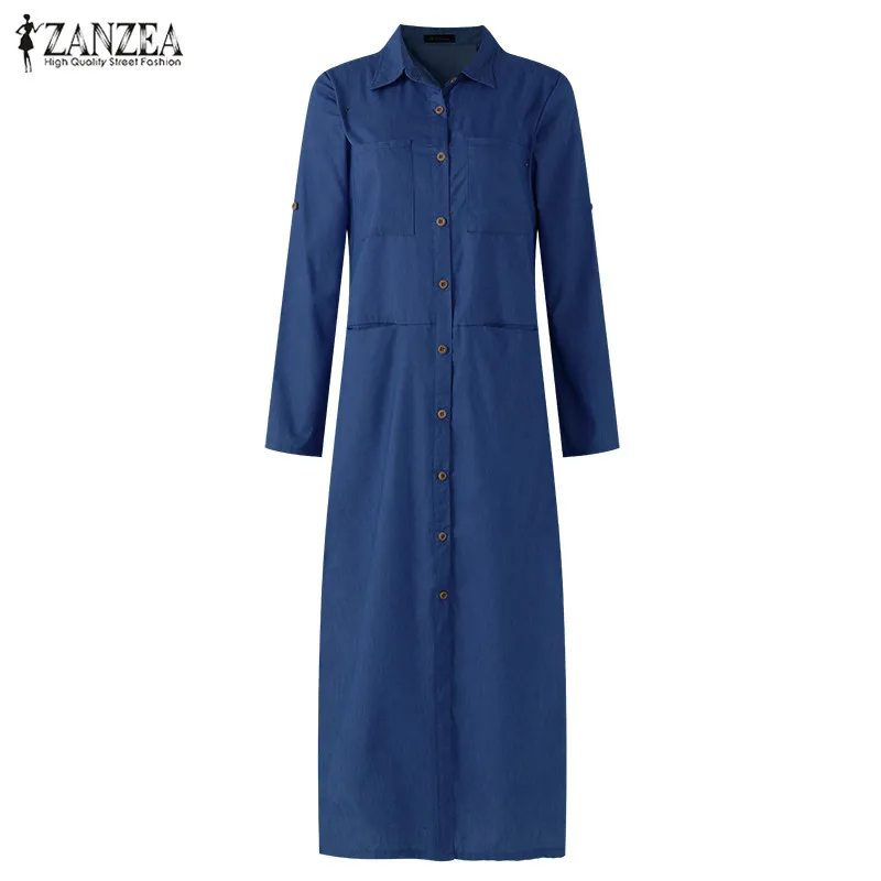 Женское джинсовое платье ZANZEA, большие размеры, сарафан, платье-рубашка, весна, на пуговицах, макси, Vestidos, женские джинсы с разрезом, элегантное платье - Цвет: Dark Blue