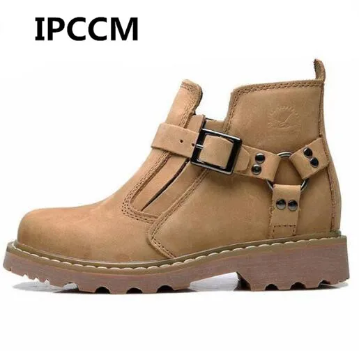 

IPCCM 2018 Fashion High Top Men Boots Metal Belt Buckle Genuine Leather Cowhide Solid Color Round Head Casual Boots Size 39-44