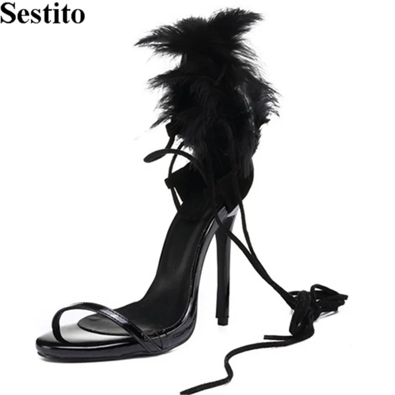 

Black Feather Ankle Strap Party Sandals Summer Peep Toe Thin Heels Women Sandals Lace-up New High Heels Hot Fashion Women Shoes