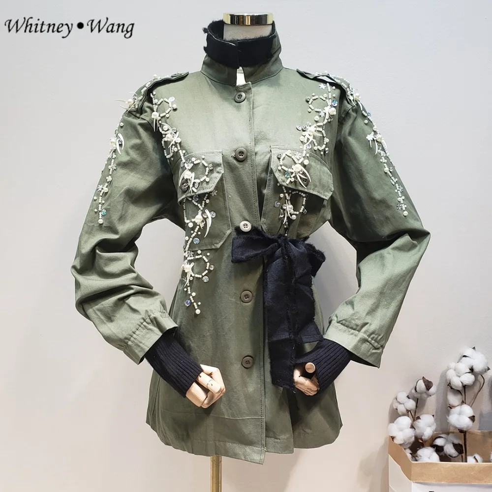 WHITNEY WANG 2019 весенне Осенняя мода уличная жемчужина вышивка пояса Тренч женское