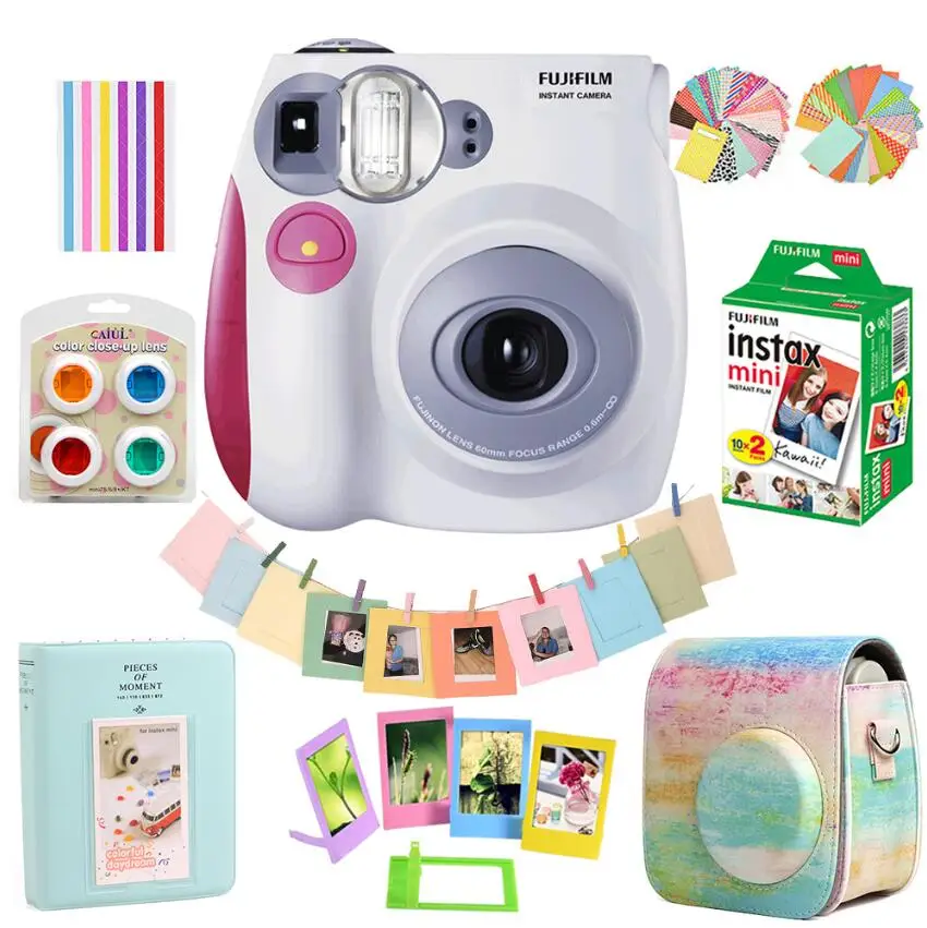 Фотокамера моментальной печати Fujifilm Instax Mini 7s+ 20 листов белой пленочной бумаги Instax Mini+ чехол-сумка+ 64 альбом с карманами+ комплекты 10 в 1 - Цвет: Pink Set