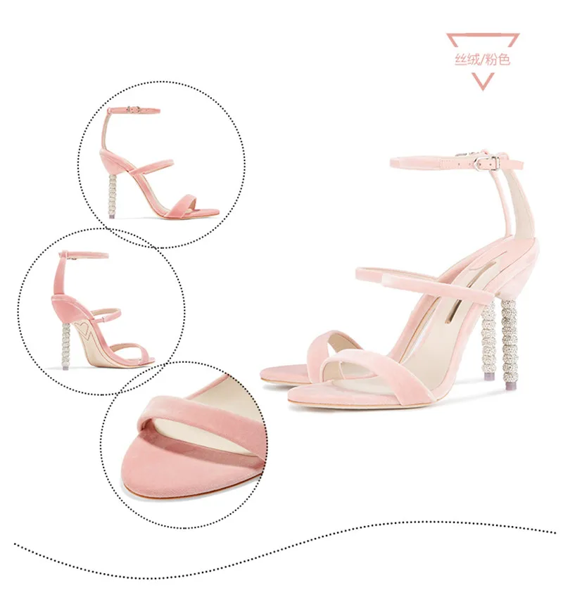 Женские сандалии-гладиаторы на тонком высоком каблуке 10 см с одним ремешком; женские розовые бархатные летние Вечерние туфли на высоком каблуке с отделкой бисером - Цвет: pink velvet