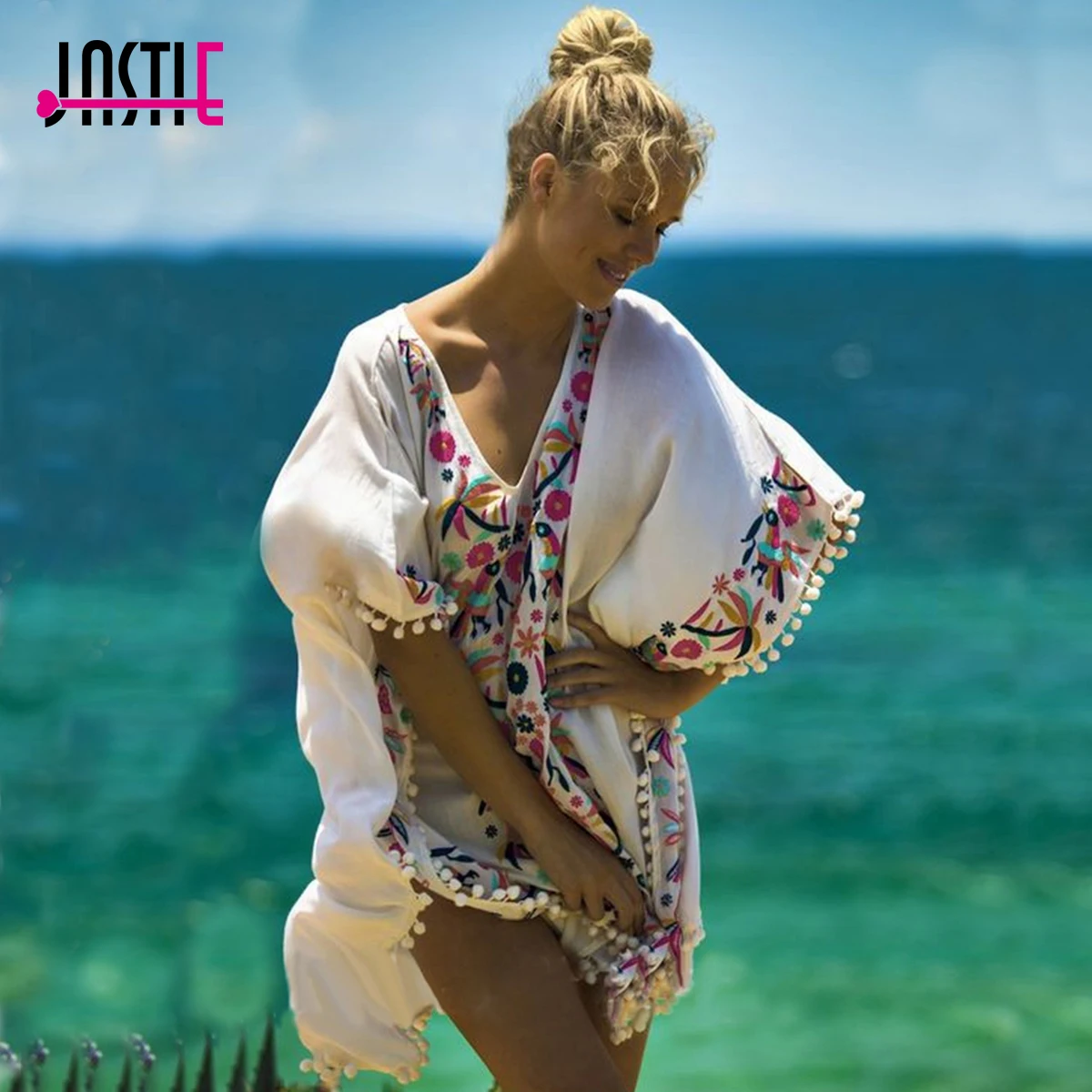 Jastie/летнее пляжное платье с v образным вырезом и цветочной вышивкой рукавами