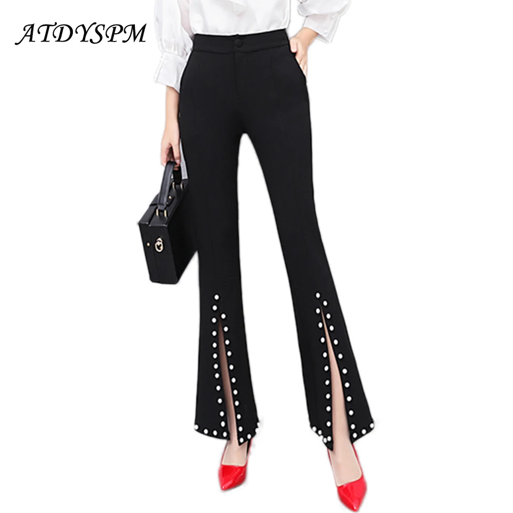 

brand fashion high waist women flare pants elegant pearls beads slit casual pants trousers female plus size stretch office pants