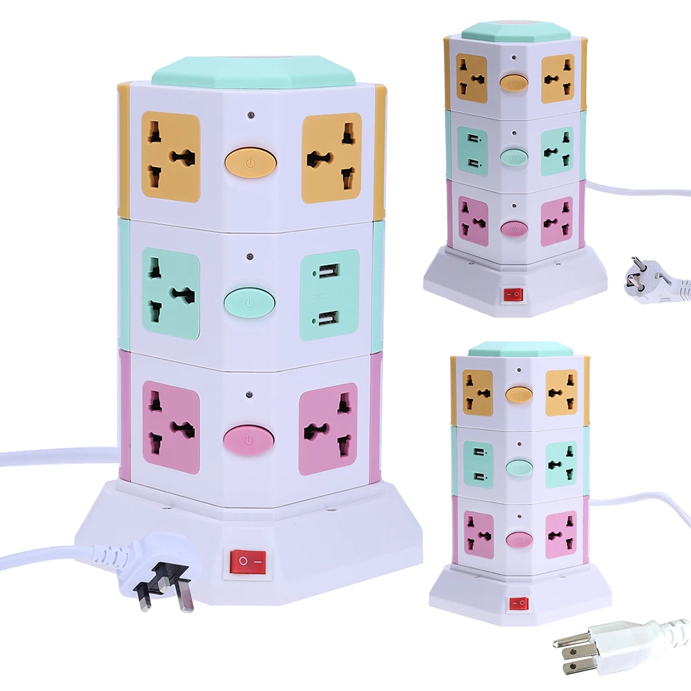 

3 Layer Universal Smart Electrical Plugs Vertical Power Socket Outlet AC Power Suit +2 USB Ports With Independent Switch Sockets