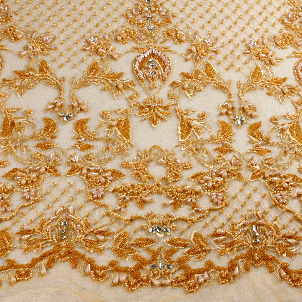 

New fashion style off white/gray heavy handmade beads on netting embroidered wedding dress/evening dress lace fabric by yard