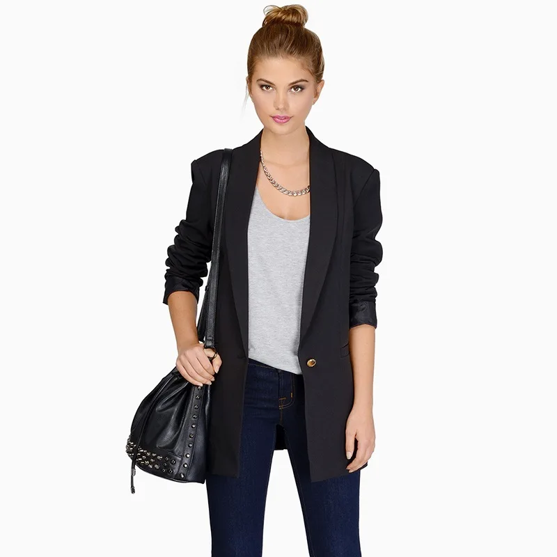 Women casual long blazer white black and blue blazer - Цвет: black