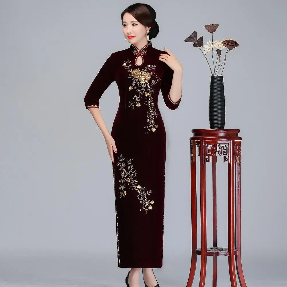 Изысканный цветочный бисерный китайский женский длинный Qipao оверсайз 3XL 4XL осень зима теплый бархат Cheongsam элегантное китайское платье - Цвет: Burgundy1