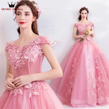 

Ball Gown Fluffy Tulle Flowers Beaded Pink Luxury Long Evening Dresses 2020 New Party Dress Evening Gown Robe De Soiree MT32