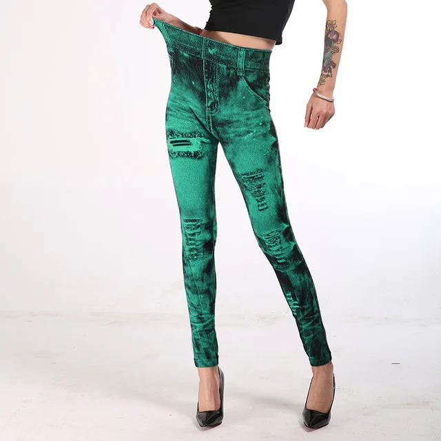 INITIALDREAM, имитация ковбоя, женские леггинсы с принтом, высокая талия, тонкие эластичные брюки-карандаш размера плюс 3XL, сексуальные джинсовые леггинсы - Цвет: Зеленый
