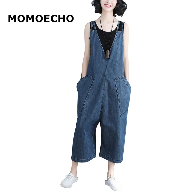 MOMOECHO мода лето джинсовый комбинезон Для женщин жилет без рукавов талии длинные