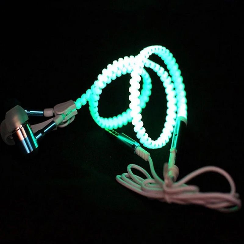 

Newest Luminous Earphone Metal Zipper Headset With Mic Glow In The Dark Headset With Mic For Smart Phone