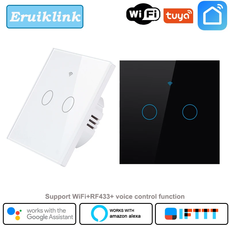 Умный выключатель Eruiklink настенный сенсорный с 2 клавишами поддержкой Wi Fi и Alexa Google