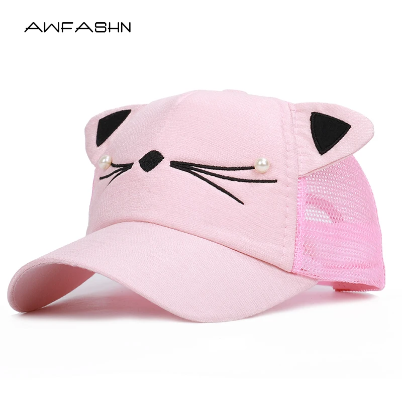 

2019 Summer Brand Children Net Cap Adjustable Cute Embroidered Hat cat Ears Snapback Cap Boy Hip Hop Hat Girl Pearl Baseball