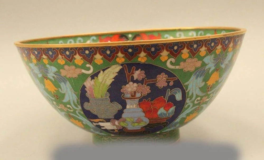 

4" Marked Chinese Cloisonne Bronze 24K Gold Longevity Dragon Flower Symbol Bowl