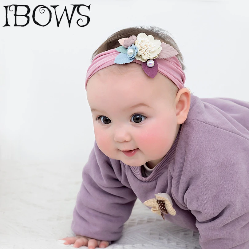 

Infant Flower Headband Pearl Fake Floral Knotted Baby Hair Band Wide Elastic Nylon Head Band Solid Newborn Hair Accessories