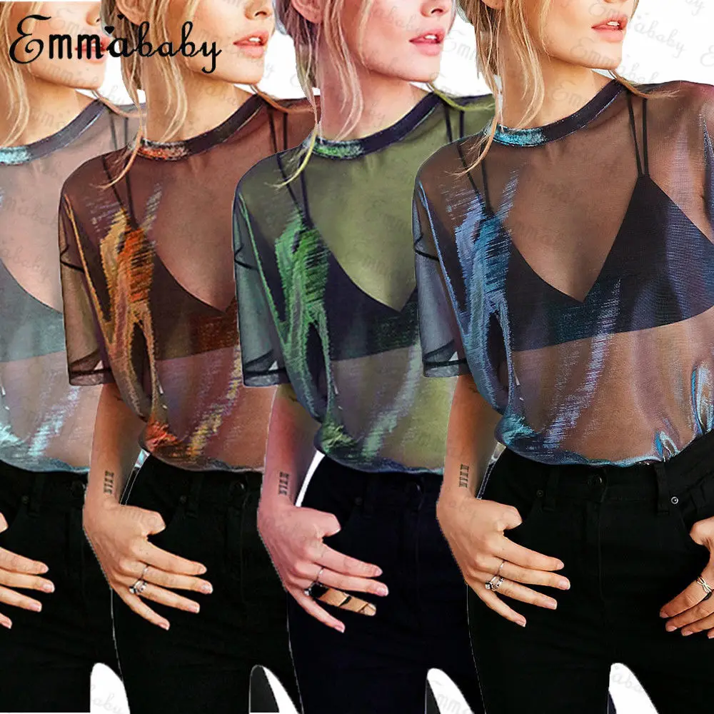 

2019 Women Fashion See Through Shiny Short Sleeve New Style T-Shirts Casual