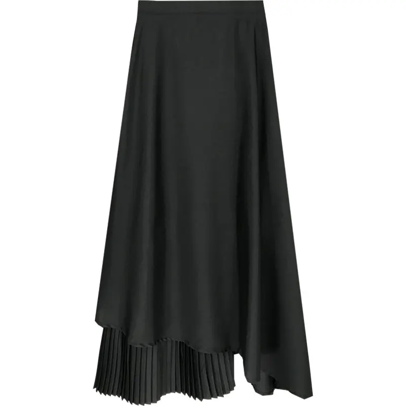Асимметричная шифоновая трапециевидная юбка, Корейская винтажная уличная однотонная белая черная юбка с высокой талией, прошитая плиссированная длинная шифоновая юбка