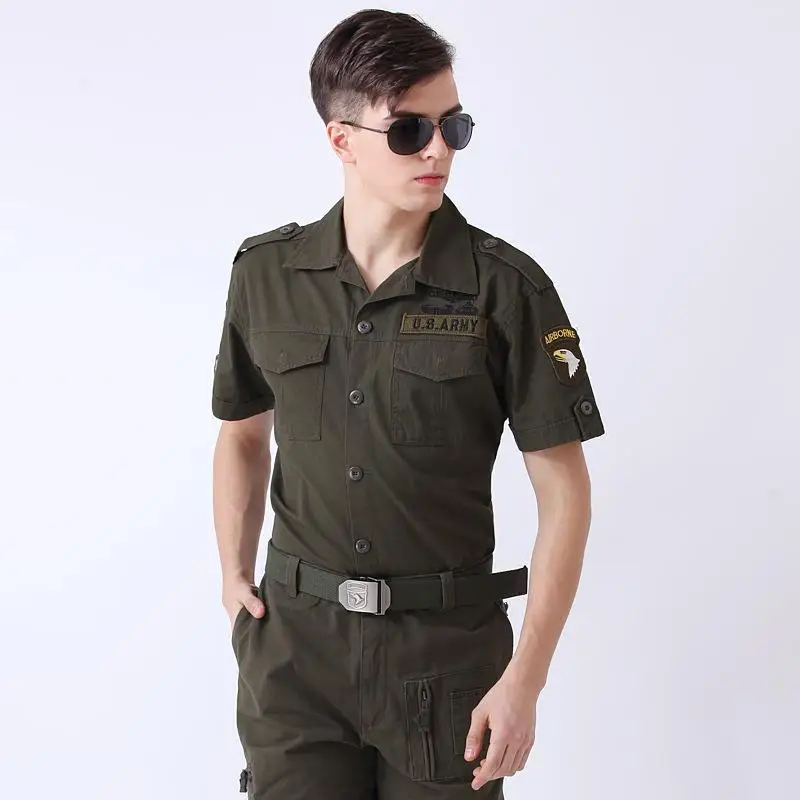 

New US Freedom Knight Army Shirts Green Cotton Blend Brave Eagle Embroidery Summer Short Sleeve Single Breasted Blouse