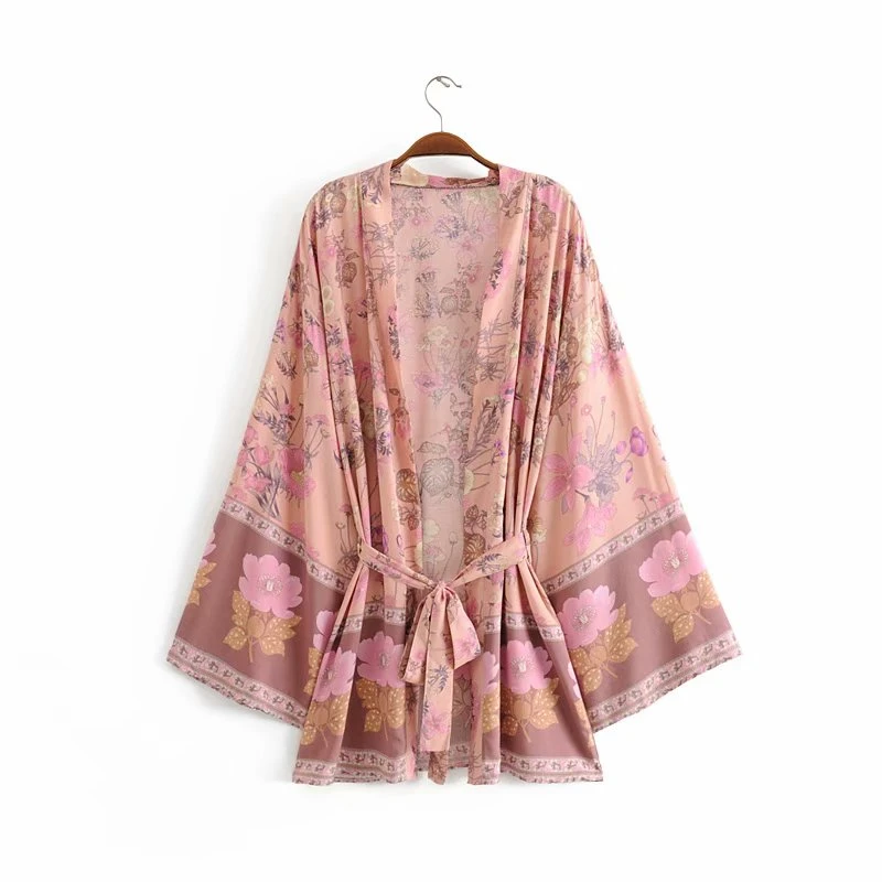 Vintage chic women floral print sashes bat sleeve beach Bohemian kimono dresses Ladies V neck Tassel Summer Boho dress vestidos