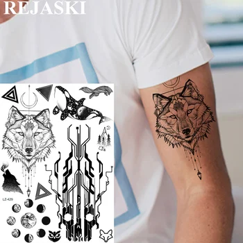 

REJASKI Electric Current Skull Geometric Temporary Tattoos Sticker Wolf Moon Dolphin Black Tatoos Body Art Custom Tattoo For Men