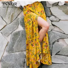 Innor Boho стиль печати пляж Макси юбка цветочный Кнопка Длинные юбки женские плавки Упругие Vintage Chic Sexy юбка Женский