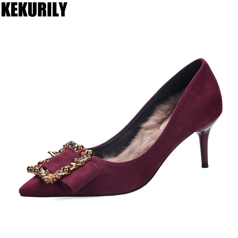 

Shoes Women Rhinestone High Heels Pumps Winter Fur Slides Buckle Slip on Pointed Toe Sandals Zapatos de mujer Black Wine red