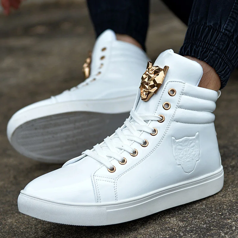 New Fashion High Top Casual Shoes For Men PU Leather Lace Up Red White Black Color Mens Casual Shoes Men High Top Shoes