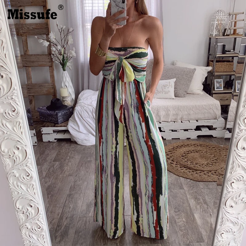 

Missufe Strapless Floral Print Rompers Female Jumpsuits Bow Tie Sexy Sleeveless Bodysuits Women Casual Wide Leg Jumpsuit 2019