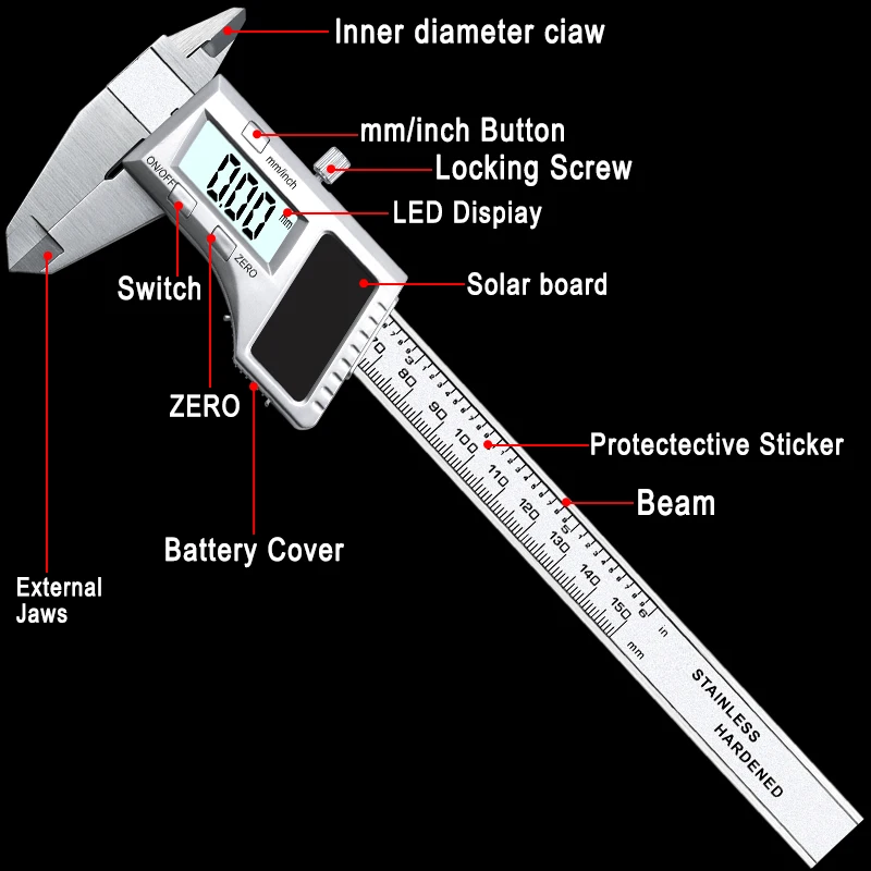 0-150 мм из нержавеющей стали 6 дюймов пахиметр солнечной энергии цифровой штангенциркуль энергии цифровой пахометр измерительные инструменты