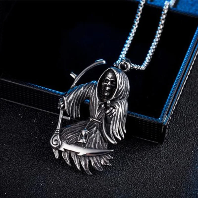 

God Of Death Titanium Steel Pendant Skull Necklace Gothic Skeleton Sickle Punk Style Nightclubs Jewelry For Male & Girl Necklace