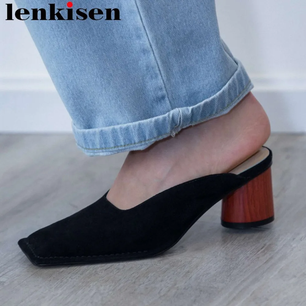 

Lenkisen full sheep leather handmade original design round high heels vintage square toe slip on mules movie stars pumps L70