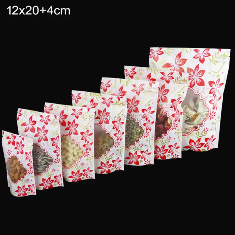 

12*20+4cm(4.7''*7.9'') 200PCS Standup ziplock bag - reclosable zipper flower printed plastic pouches with window Party Candy Bag