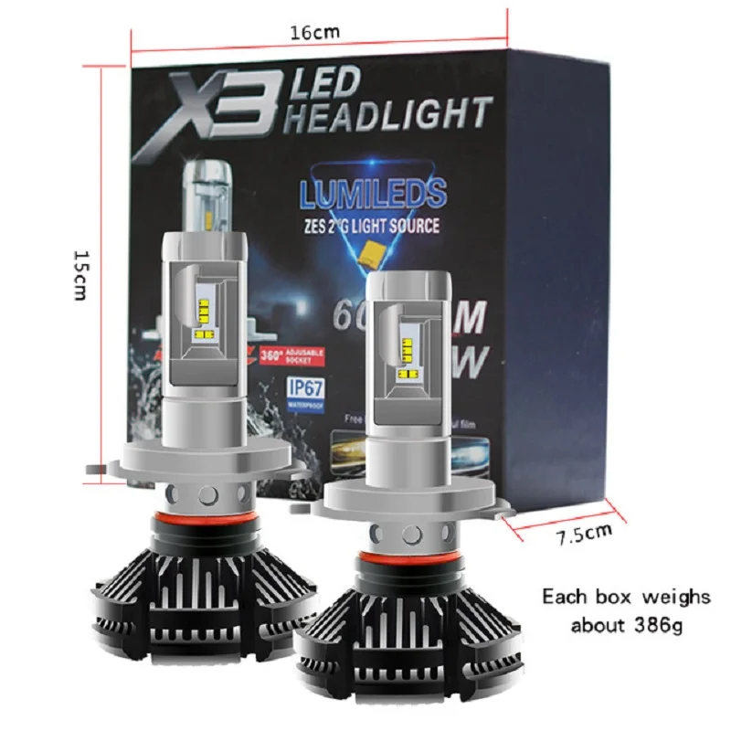 

2pcs X3 led headlight 50W 6000LM H4 H7 LED Car Headlight 6500K ZES Chip H1 H11 9005 HB3 9006 HB4 LED fog Lamp Auto