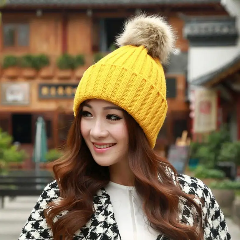Модные женские зимние меховые теплые шапки вязаные шерстяные шапки Лидер продаж Dec 14 - Цвет: Цвет: желтый