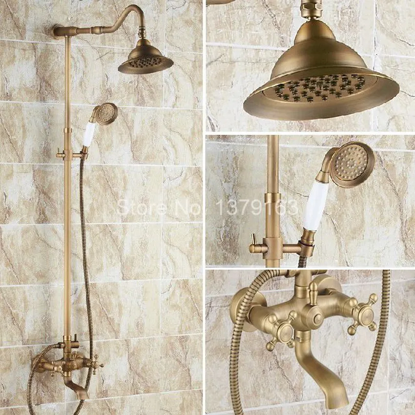 

Antique Brass Two Cross Handles Bathroom Rain Shower Faucet Set Tub Mixer Tap + 6.3" Round Rain Shower Head + Handshower ars100