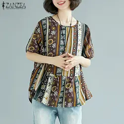 Blusas Топ 2019 ZANZEA Лето Повседневное Для женщин О-образным вырезом с коротким рукав в виде фонаря с изображениями цветов хлопок и лен с принтом