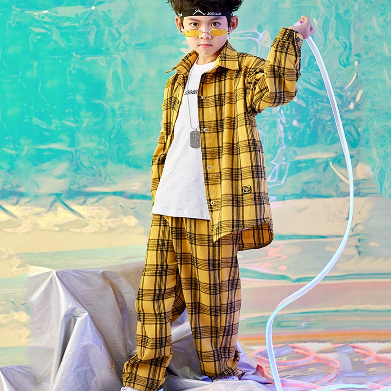 

2019 New Boys Hip Hop Jazz Dance Costume Children Autumn Performance Clothing Boys Plaid Jacket Pants Street Dance Wear DL3528