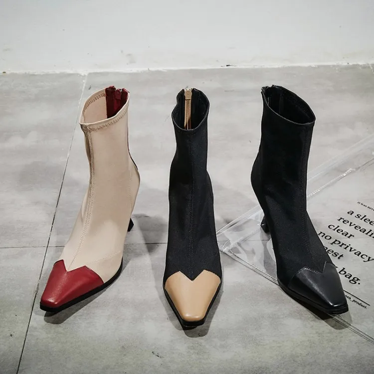 Новинка года; женские ботинки на высоком каблуке из эластичной ткани; ботильоны с квадратным носком в стиле пэчворк; женские туфли-лодочки; botines mujer