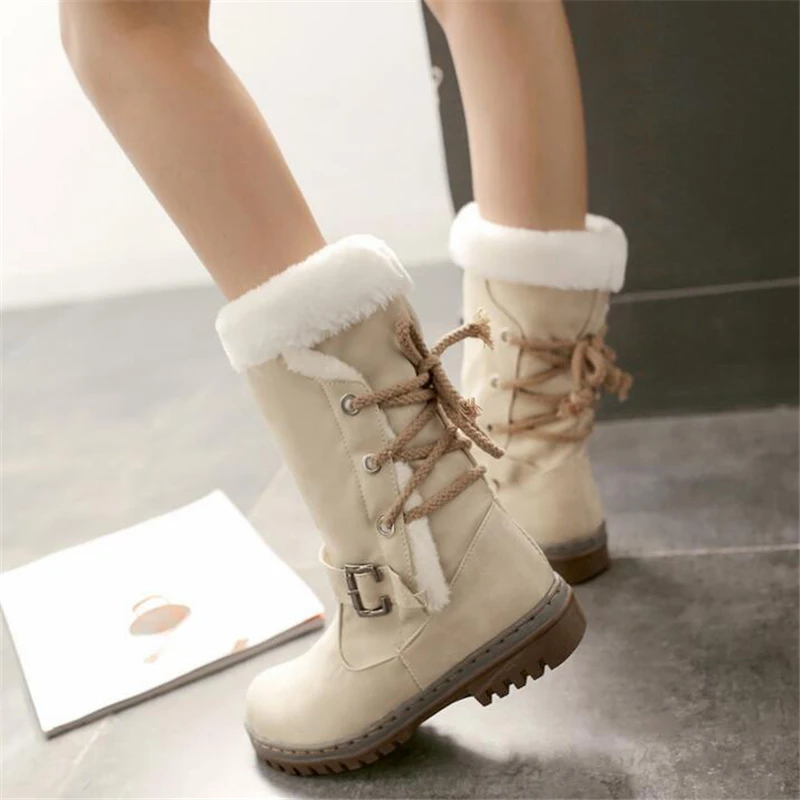 COVOYYAR/ женские ботинки на меху зимние теплые Дизайнерские Сапоги до середины икры с пряжкой женская обувь на шнуровке сзади размер 40 WBS584