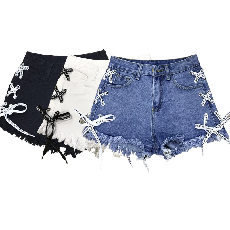 Women Vintage Denim Short High Waist Straps Tassel Denim Shorts Female
