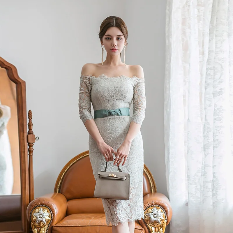 Light Blue Новое летнее женское однотонное платье-карандаш средней длины с поясом три четверти рукав с открытыми плечами Высокая талия Офисная Женская Горячая Распродажа D94903K - Цвет: Light Blue