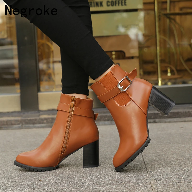 

2018 Fashion Women Boots Winter Short Rubber Boots Female PU Leather High Heels Shoes Martin Booties Botines Mujer Ankle Boots