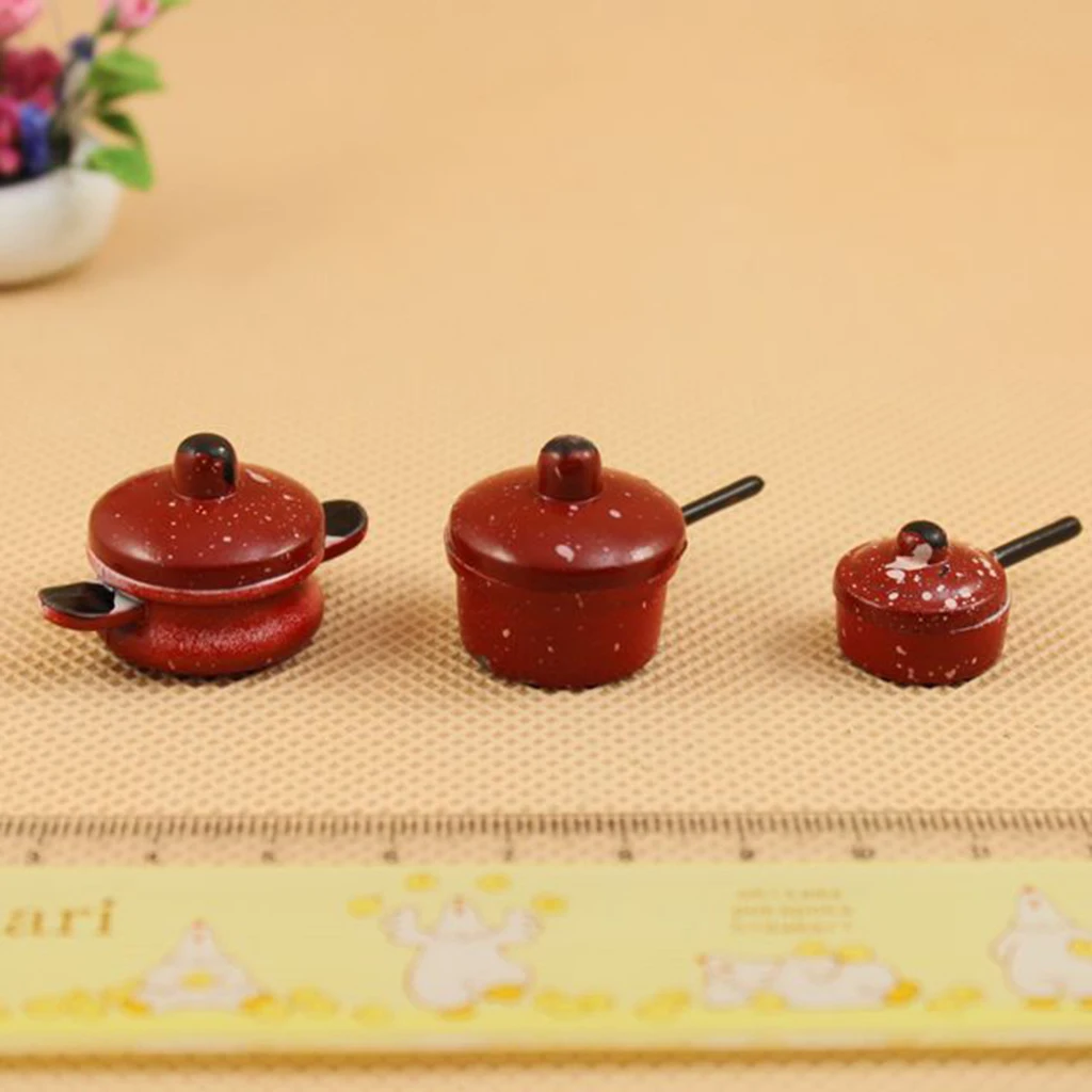 1/12 Scale 3 Pieces Metal Spotted Red Pan Cookware Set Dolls House Miniature Home Kitchen DIY Rooms Accessories Decoration