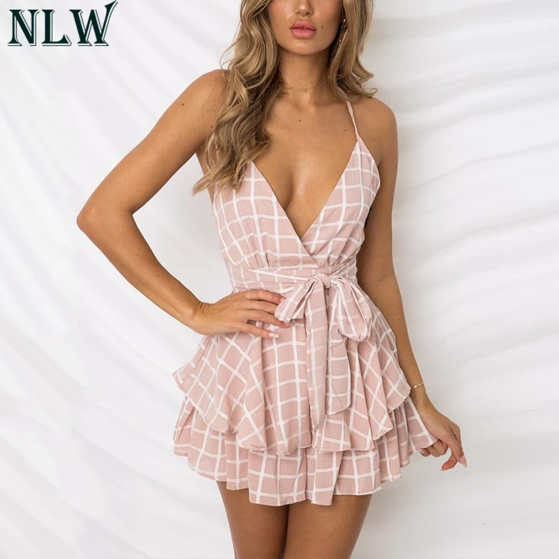 NLW White Ruffle Plaid Jumpsuits Rompers Spaghetti Strap Cross Back Bow Tie Waist Skorts Playsuit Girl Summer Beach Overalls