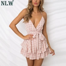 NLW White Ruffle Plaid Jumpsuits Rompers Spaghetti Strap Cross Back Bow Tie Waist Skorts Playsuit Girl Summer Beach Overalls